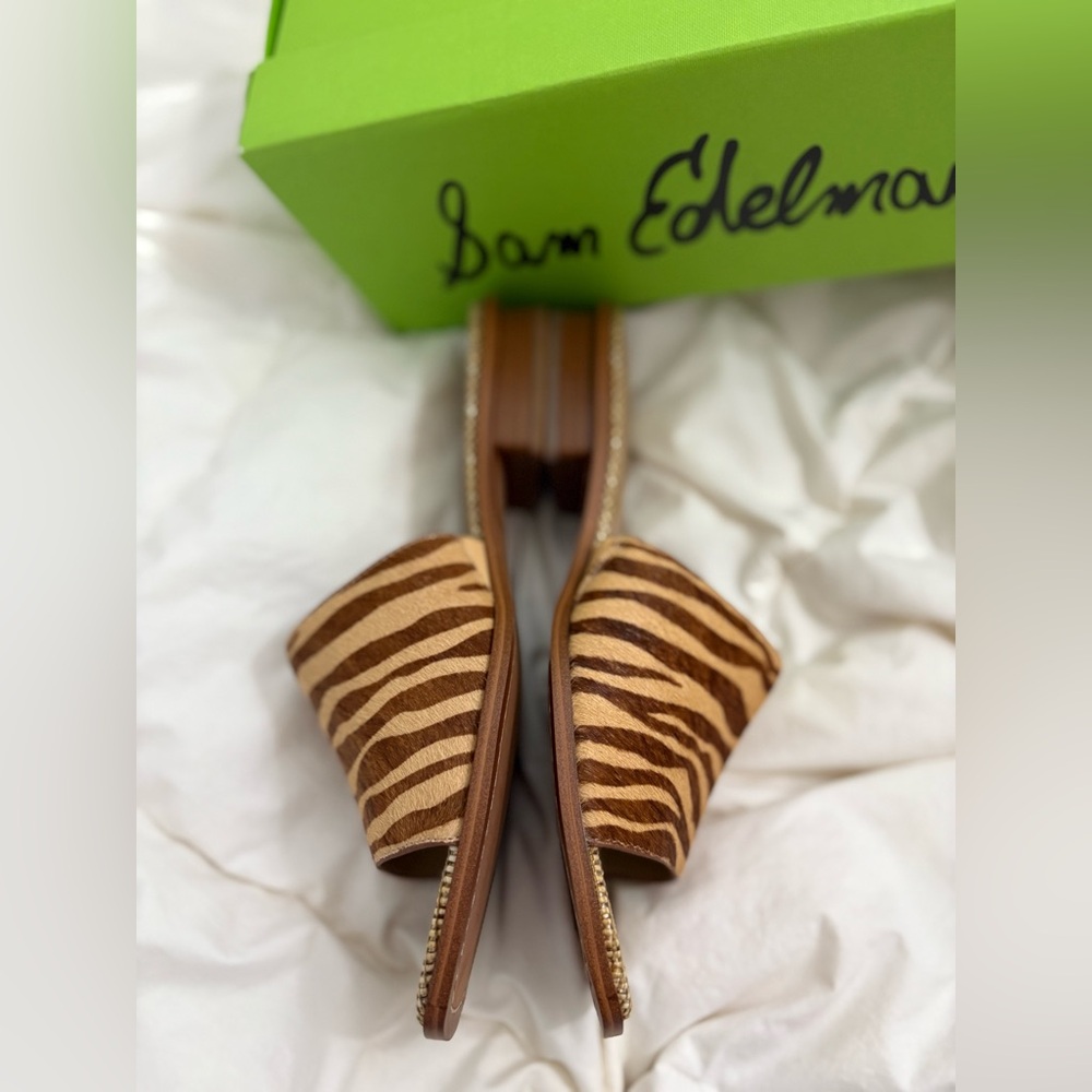 Brand new size 11 real fur Sam Edelman Brown Zebra Print Women's Slides - Picture 3 of 8